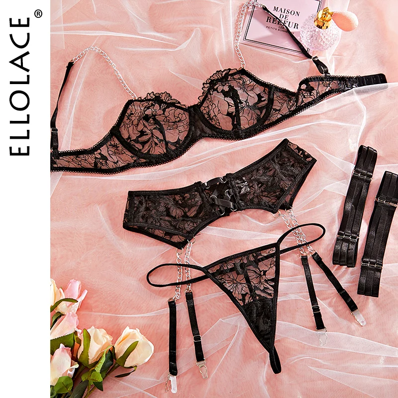 

Ellolace Sexy Lingerie Transparent Women's Underwear Pussy Panties Set 4-Pieces Hot Thong Fancy Luxury Lace Erotic Outfits Whore
