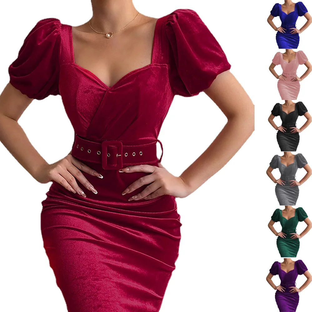 

2022 New Women's Dress Temperament Elegant Solid Color Waist Show Chest Sexy Low Neck Puff Sleeves Velvet Bag Hip Dress