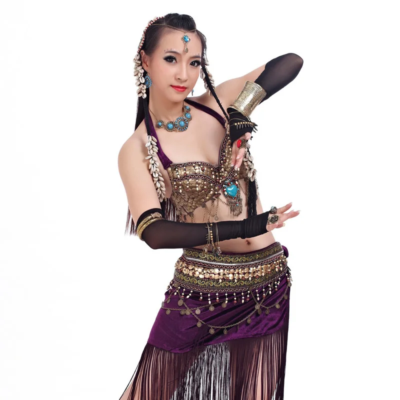 

Women Dancewear Size Outfit 2 pieces Bra and Hip Scarf Overskirt Tribal Belly Dance Costume Set