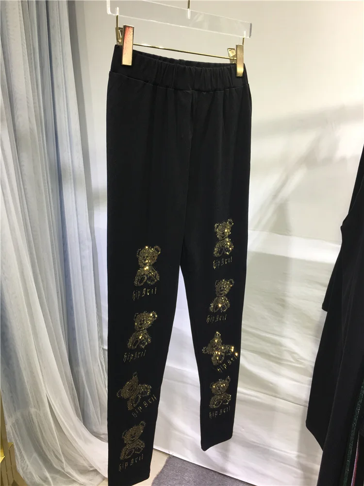 Trendy Gold Hot Drilling Bears Female Leggings 2022 New Autumn Winter High Waist Pencil Pants Ankle-length Black Cotton Leggings