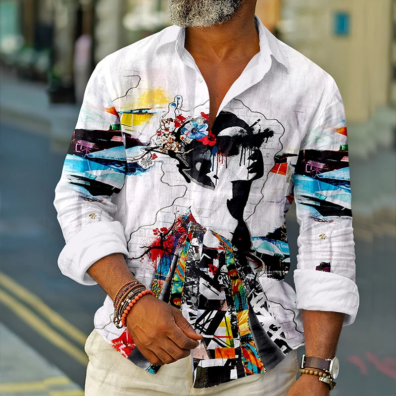 Men's Shirts Hip Hop Fashion Graffiti Print Long Sleeve Top Single-Breasted Casual Shirt 2022 Summer Autumn New Men Clothes