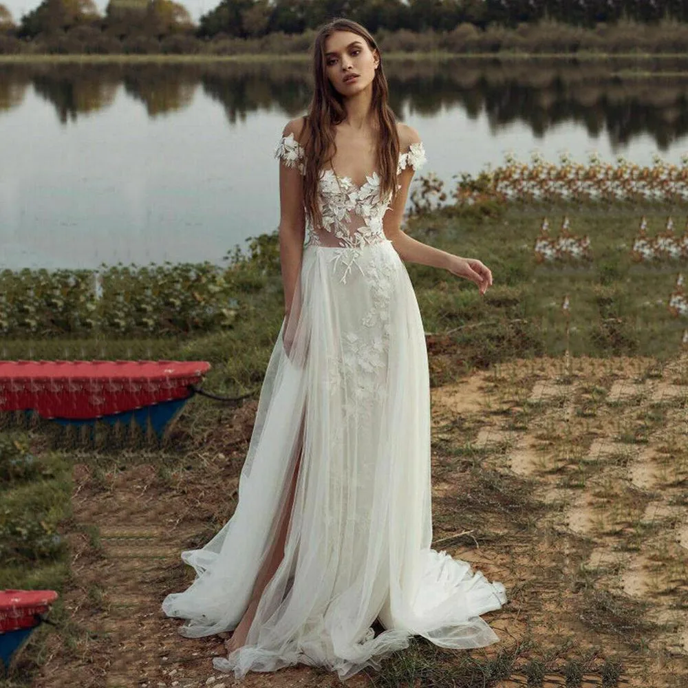 

Свадебное платье с открытыми плечами в стиле бохо, свадебное платье с 3D цветочной кружевной аппликацией, с разрезом, садовое платье для свад...