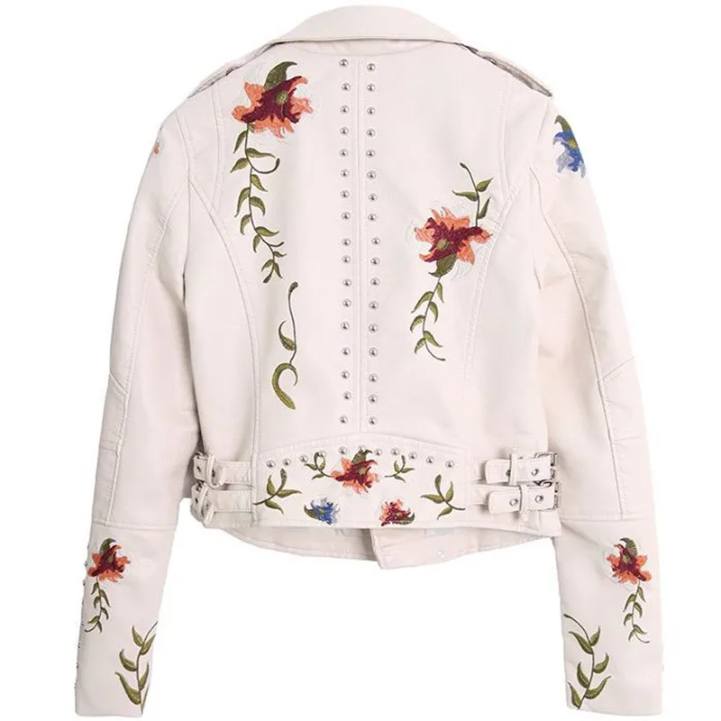 Floral Embroidered Rivet PU Leather Jackets for Women's Faux Soft Leather Motorcycle Coat Black Punk Zipper Outwear Vintage Tops