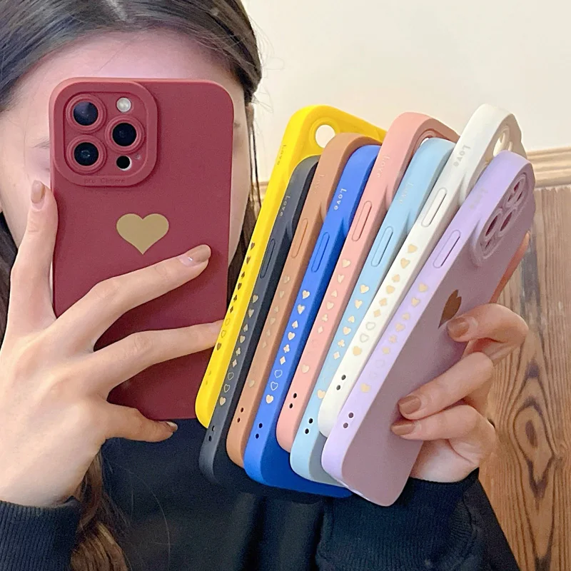 

Camera Protection Phone Case For iPhone 13 12 11 Pro X XR XS Max 7 8 Plus SE 2 Love Heart Cute Side Pattern Candy Soft TPU Case