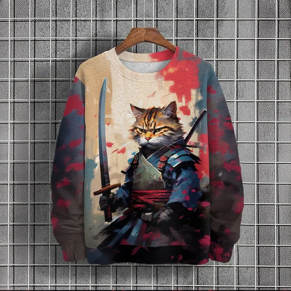 Свитшот мужской с капюшоном винтажный пуловер рисунком воина енота худи длинным