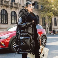 2022 winter down jacket women 90 white duck down coat parkas patent leather glossy outwear real lamb fur collar thick coat