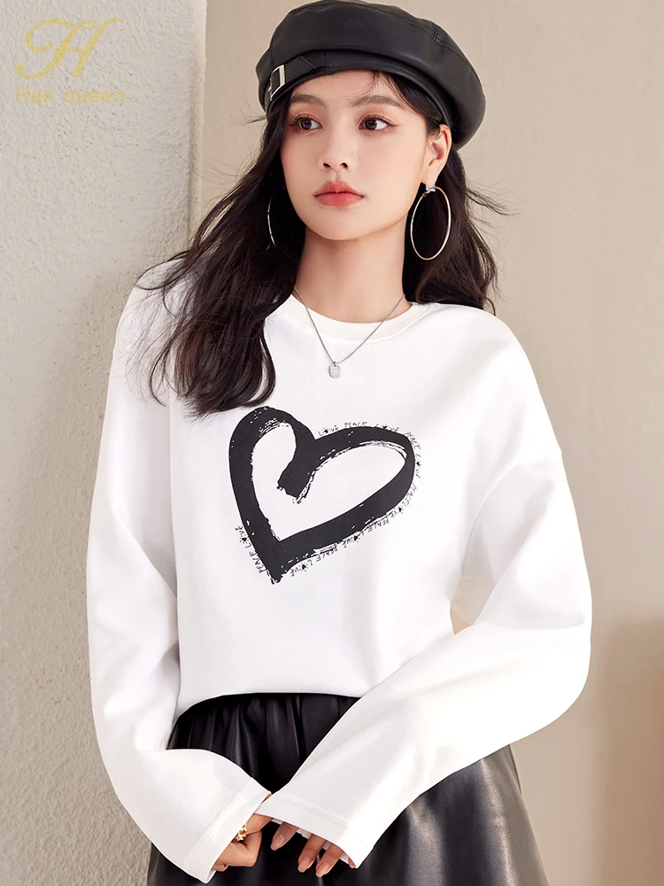 

H Han Queen Autumn O-Neck Office Lady T-Shirts Vintage Print Tops Simple Elegant Loose Long Sleeve Bottoming Casual Tees Women