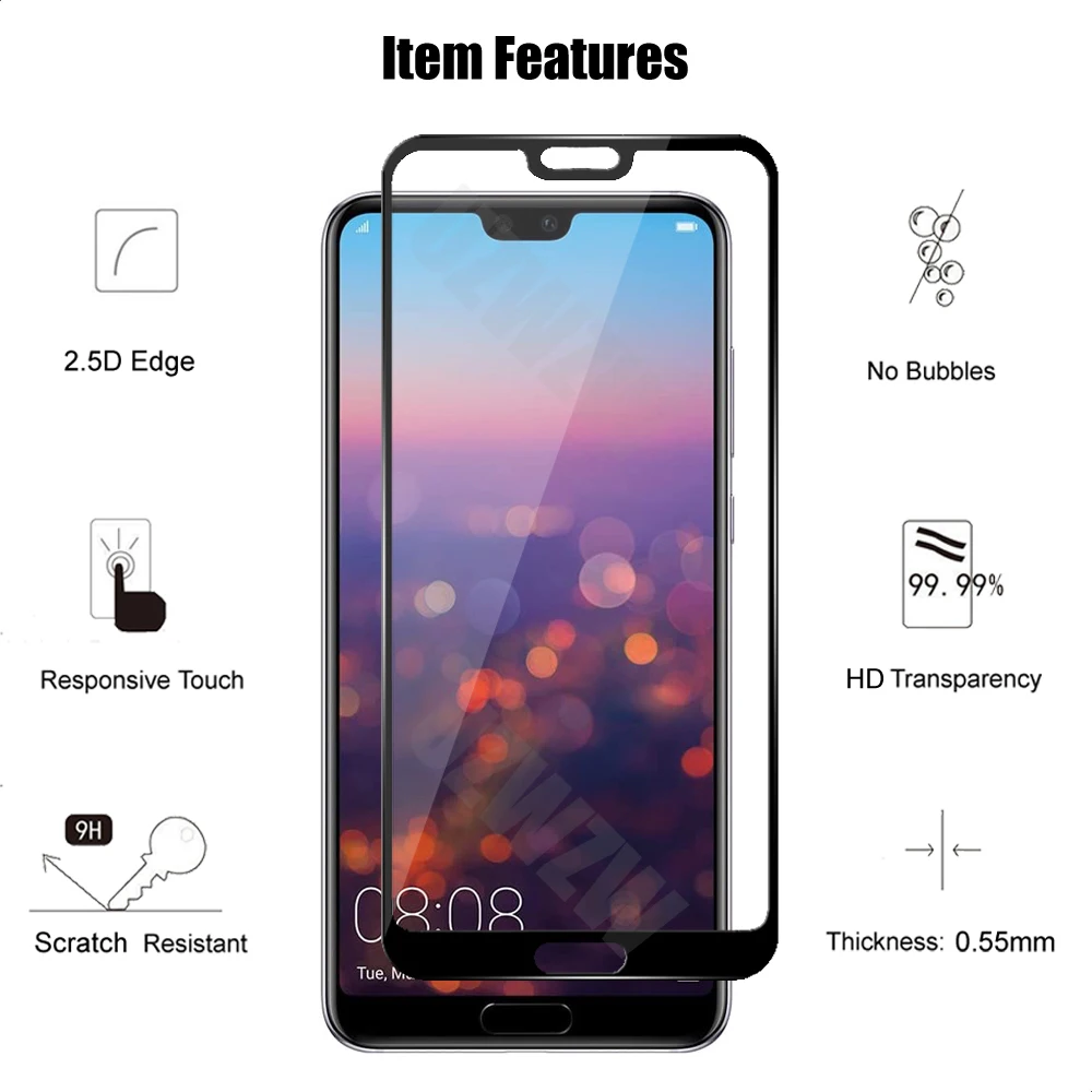 For Huawei P20 Lite / P20 Pro / P20 Full Coverage Tempered Glass Phone Screen Protector Protective Guard Film 2.5D 9H Hardness