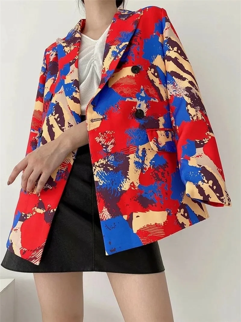 Red Graffiti Printed Blazer Suit Harajuku Women Loose Double Breasted Casual Office Blazer 2021 Spring Autumn New All-Match Suit