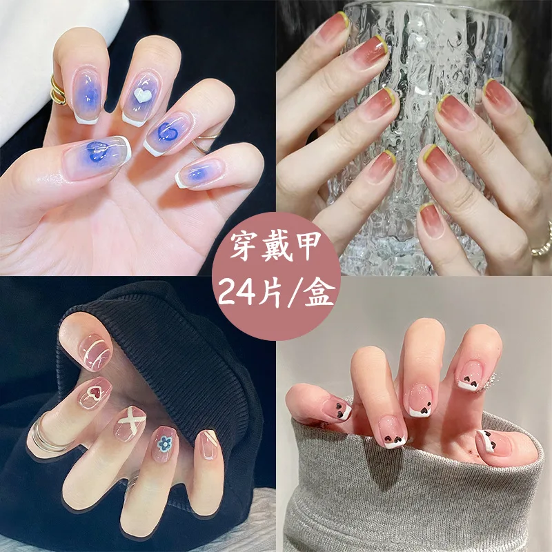 

24pcs Fake Nail Paragraph Fashion Manicure Summer Desigh Patch False Nails Save Time Wearable Nail Patch with Glue Fake Nail