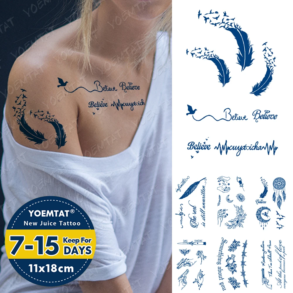 

Blue Sexy Ink Juice Waterproof Temporary Tattoo Sticker Feather Hand Small Flash Transfer Body Art Lasting Fake Tato Men Women