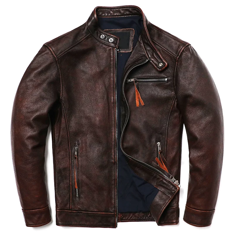 

Free Shipping Vintage Brown Style Genuine Leather Jacket Men's 100% Natural Cowhide Fashion Clothes Motocyle Biker Slim Jacket