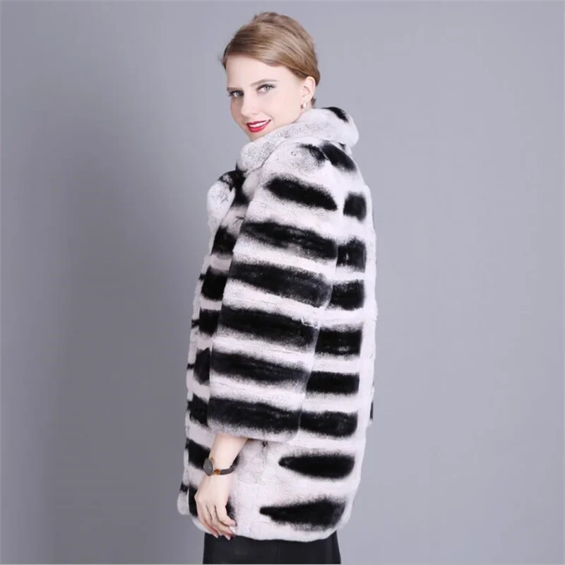 Natural Rex Rabbit Fur Coat Suit Collar 70cm Medium Long Fur Coat for Women Chinchilla Color Real Fur Winter Jacket