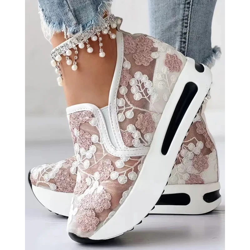 Women's Sneakers Floral Embroidery Mesh Sneakers for Women Slip on Casual Comfy Heeled Shoes Woman