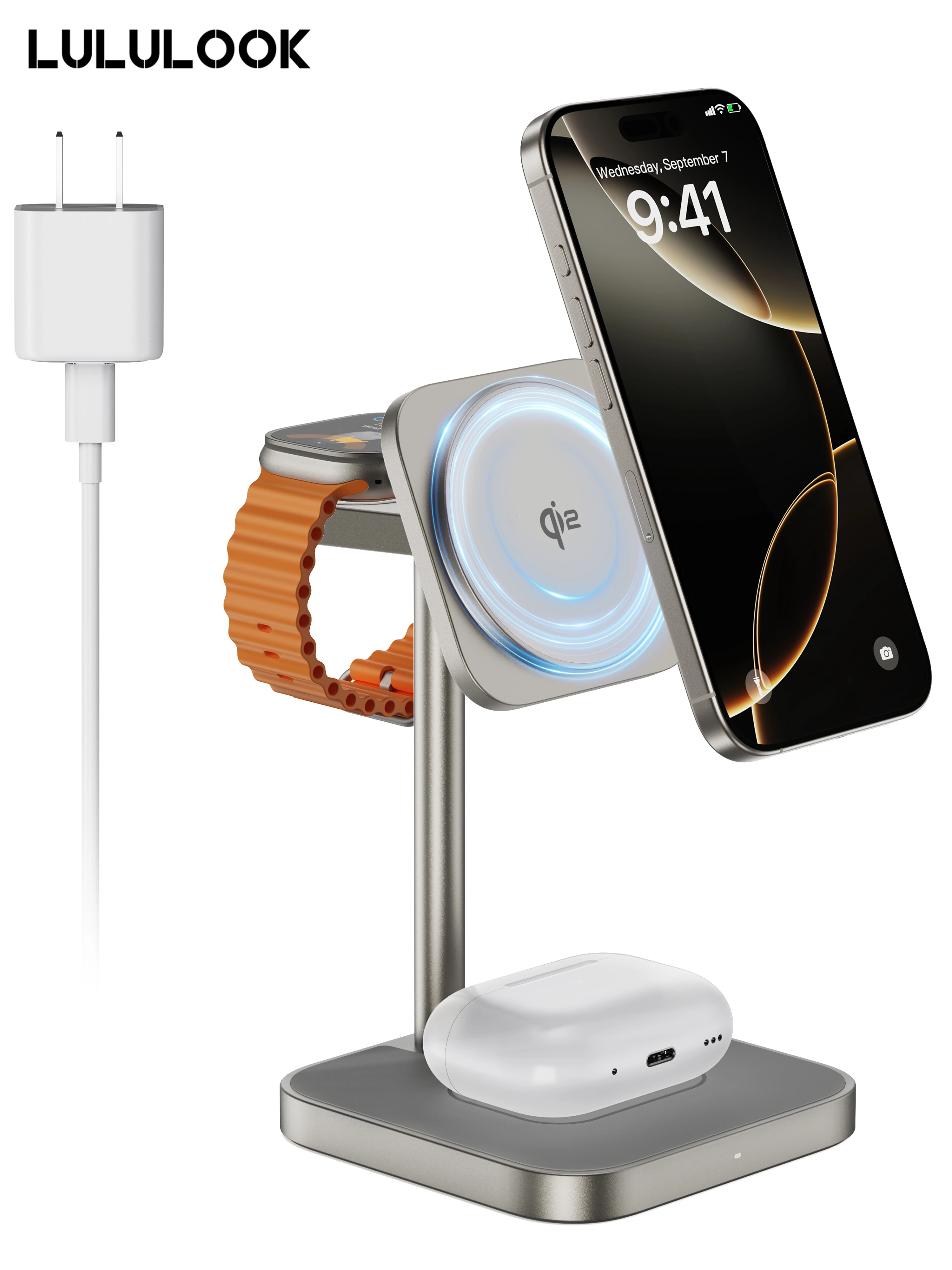 LULULOOK Qi2 Беспроводная зарядная станция 3 в 1 алюминиевая подставка для быстрой