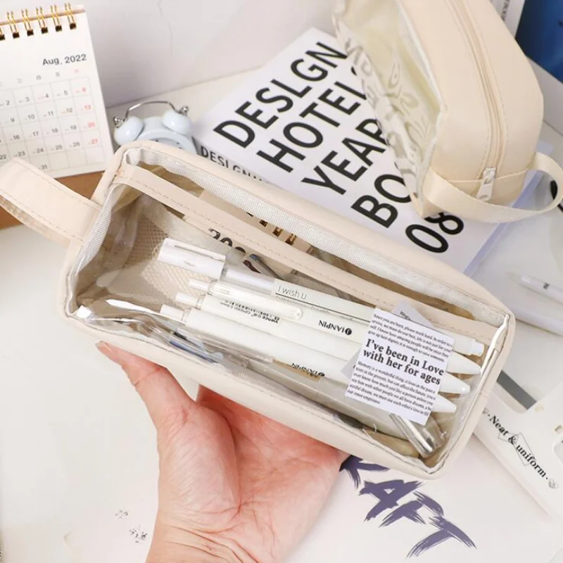 

Transparent School Case Large Capacity Pencil Bag Aesthetic Stationery Holder Bag Students Kawaii Pen Case Office Supplies