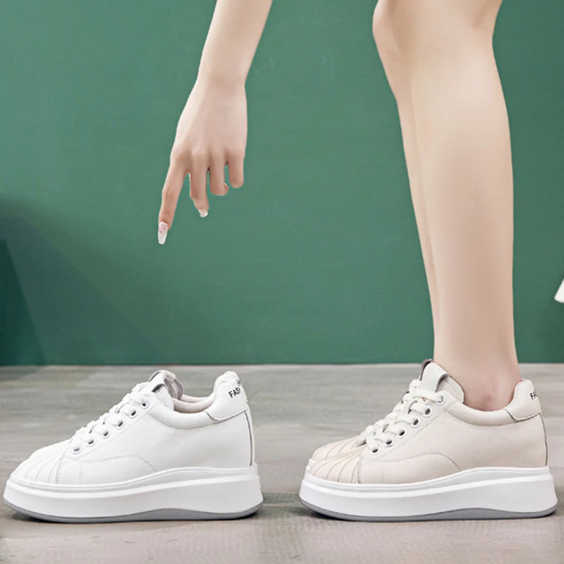 2023 Genuine Leather 8cm New Platform Chunky Sneaker Casual Hidden Heels Spring Summer Autumn Comfy Breathable High Brand Shoes