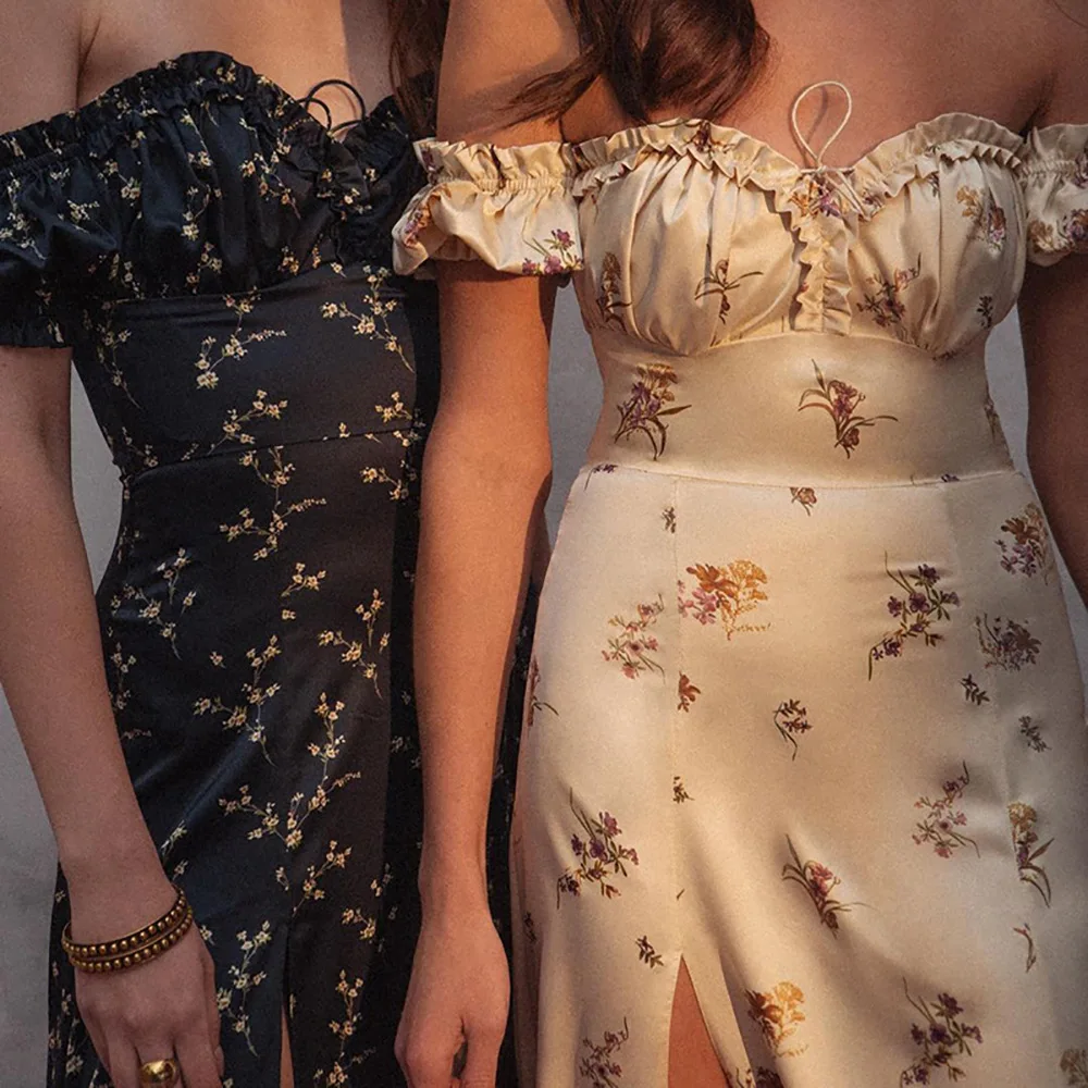 

Summer Floral Off Shoulder Puff Sleeve Maxi Dress For Woman Robe Sexy Lace Up Side Split Chic Mid-Calf Aesthetic Dress