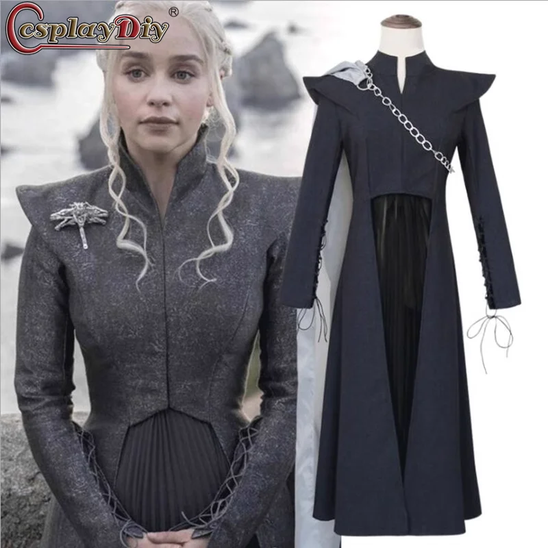 

Cosplaydiy фото черное платье куртки для взрослых женщин Косплей Костюм сезон 7 королева серебро Дани Косплей