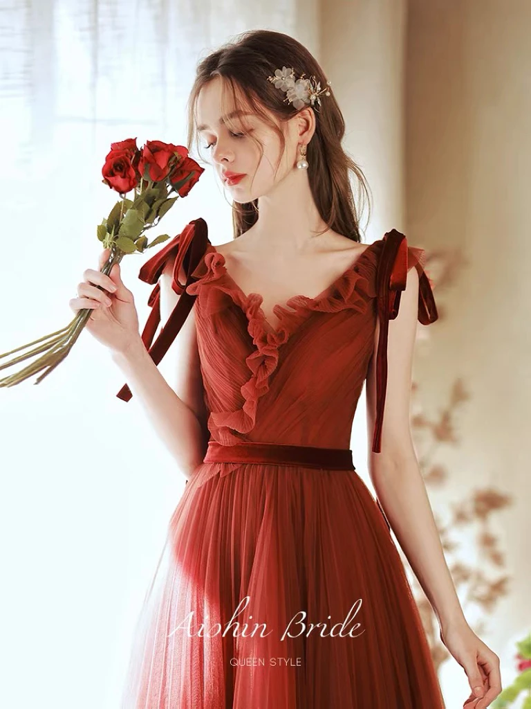 

Sexy Brick Red Celebrity Dresses V Neck Tulle Bow Ribbon Ruffle A Line Wedding Party Toast Women Evening Gowns Vestidos De Noche