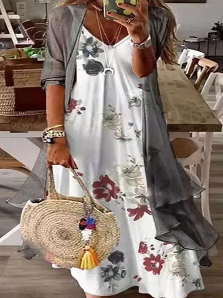 

Retro Pattern Print Suit Summer Sexy V-neck Suspender Dress Lengthened Cardigan Suit 2022 New Spring Women Leisure Two-piece