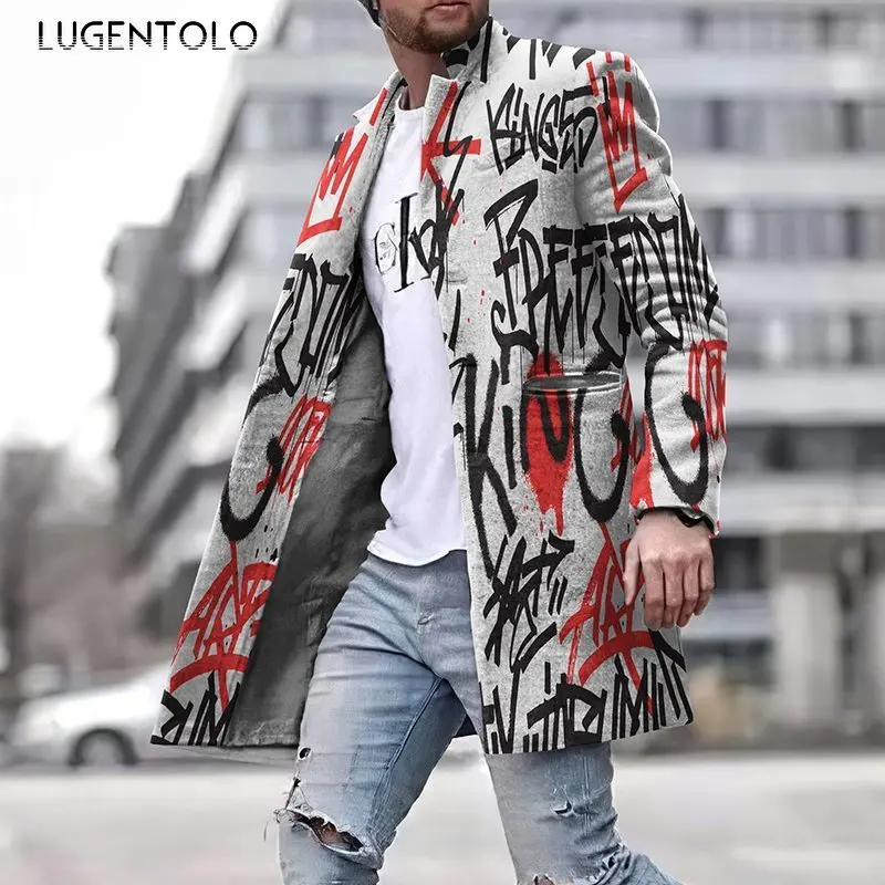 

Мужской длинный Тренч Lugentolo, осенне-зимняя куртка с буквенным принтом, повседневная облегающая Молодежная куртка большого размера с воротн...