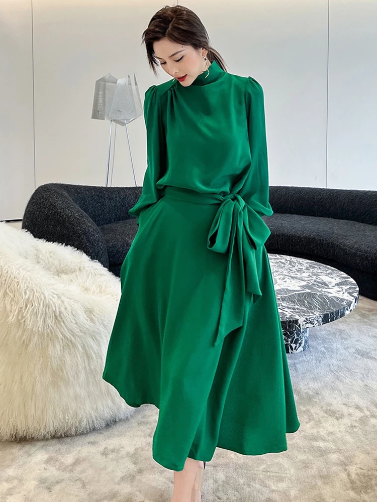 

Delocah High Quality Spring Summer Women Fashion Runway Party Midi Dress Lantern Sleeve Bow Sashes Green Print A-Line Dresses