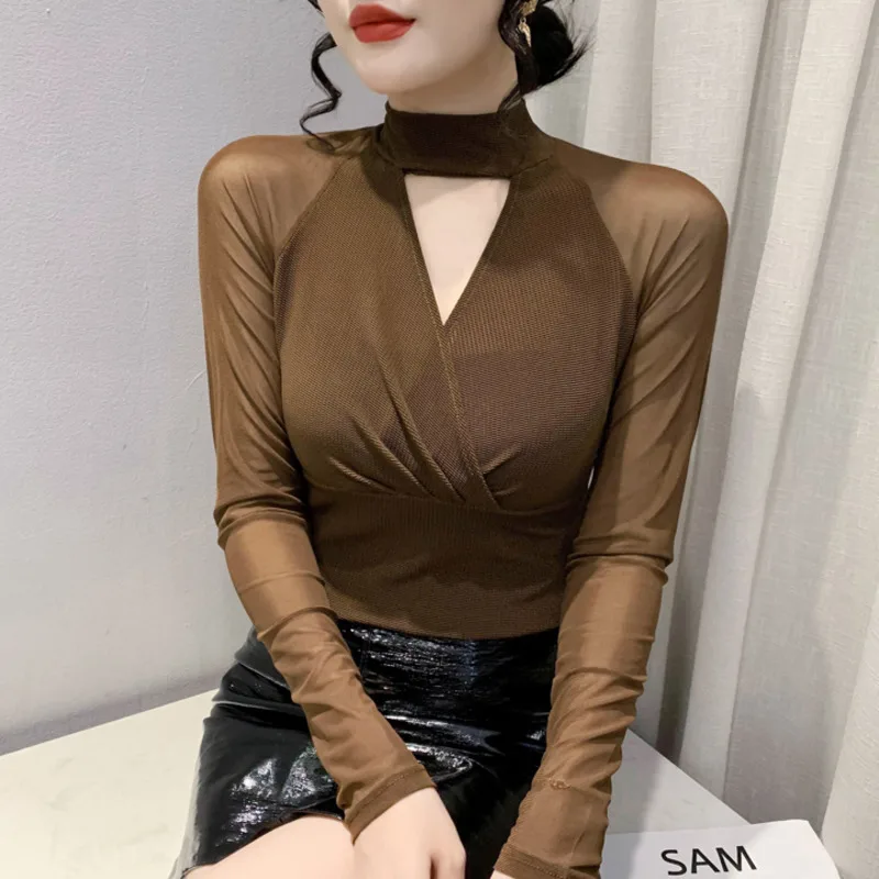 #8374 Сетчатая футболка женская сексуальная водолазка с вырезами длинным рукавом