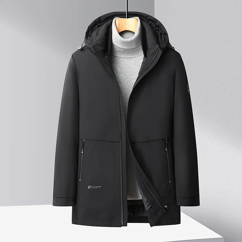 2022 Winter Men Smart Casual Hooded Puffer Parkas Black Grey Navy Blue Puff Lining And Hood Detacable Design Thermal Overcoat