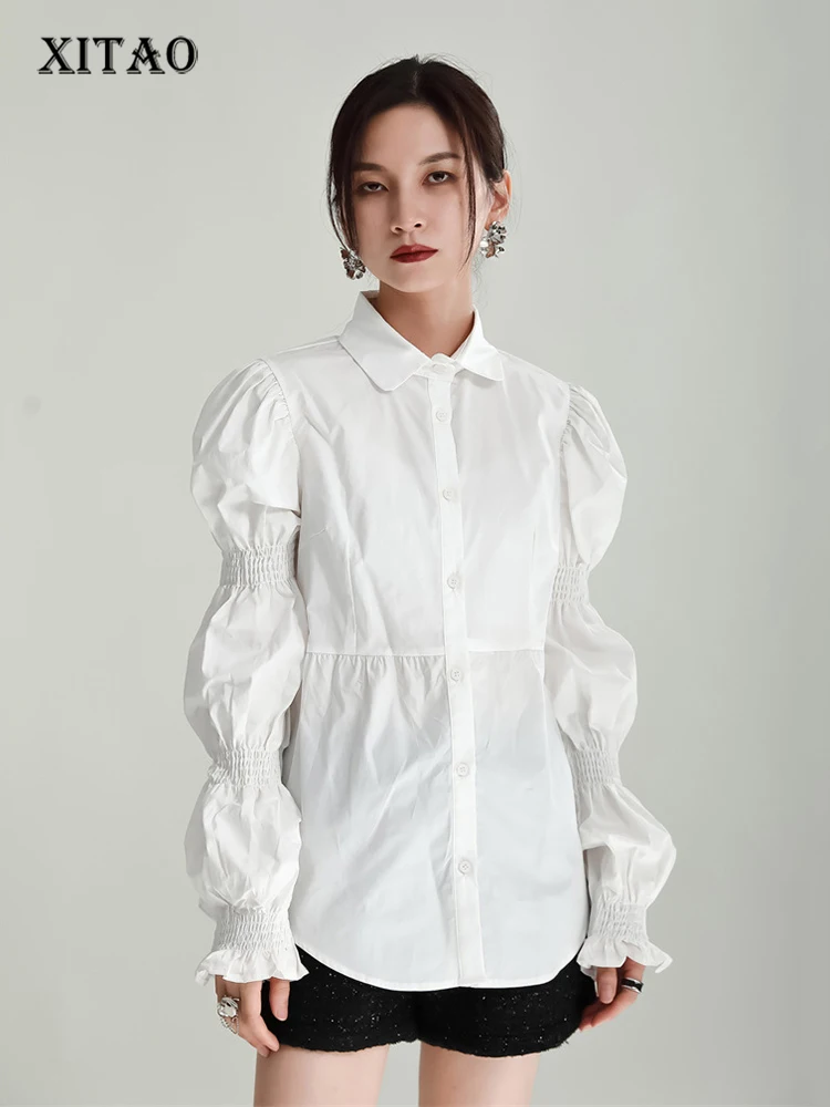 

XITAO Women Puff Sleeve Shirt Solid Color Casual Fashion Temperament All-match Turn down Collar Folds Splicing Top WLD15135