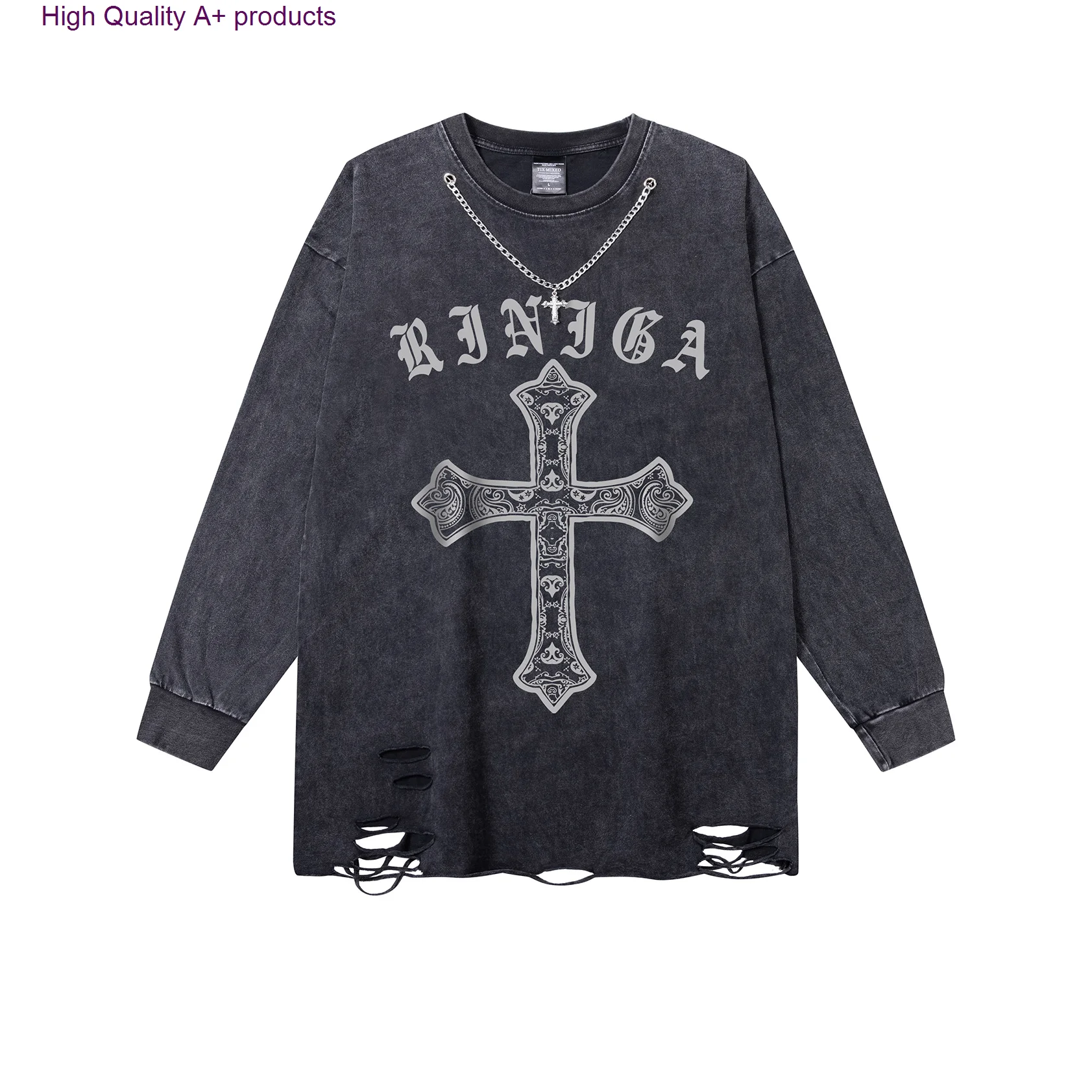 

New Retro Street Trendy Wash Make Old-Cross Men's Long Sleeve T-Shirts