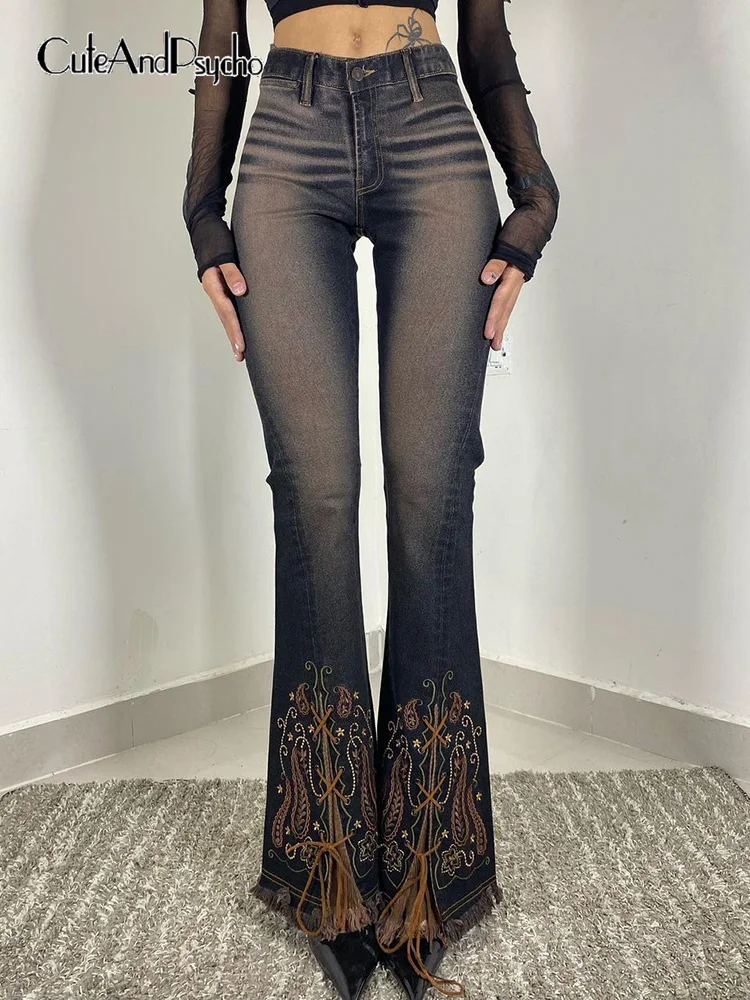 

Cuteandпсиходелические винтажные расклешенные джинсы Y2K с эффектом потертости с бахромой на шнуровке, джинсовые брюки из сказочного материала...