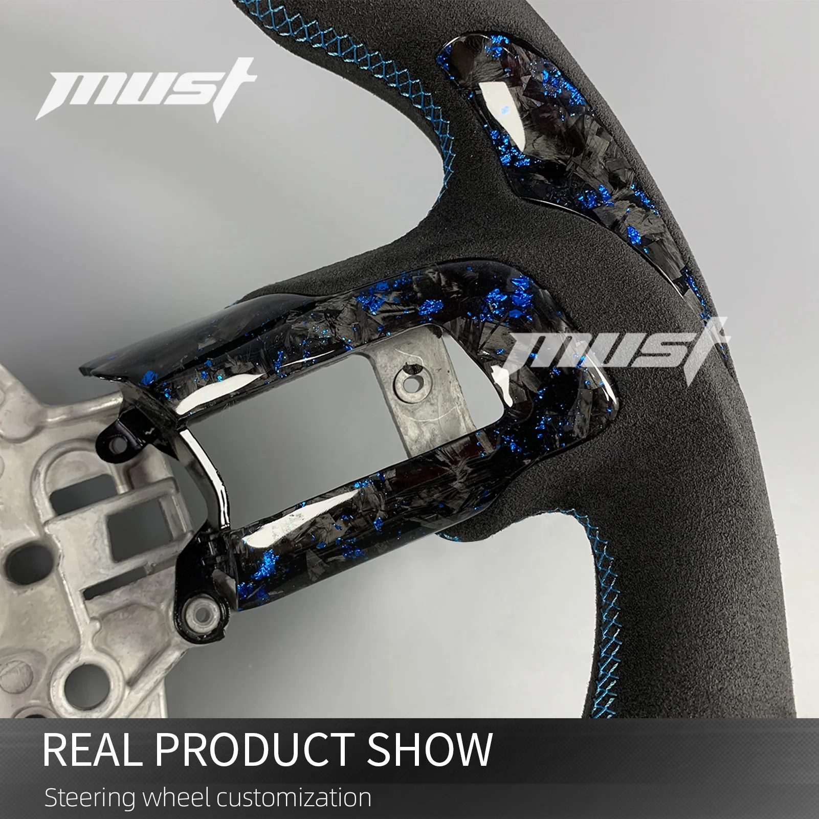 Фото Кастомный синий руль из кованого карбона со светодиодной подсветкой для Ford Mustang 2015-2023 S550 GT350 500 Coupe Shelby – обновление интерьера автомобиля №4