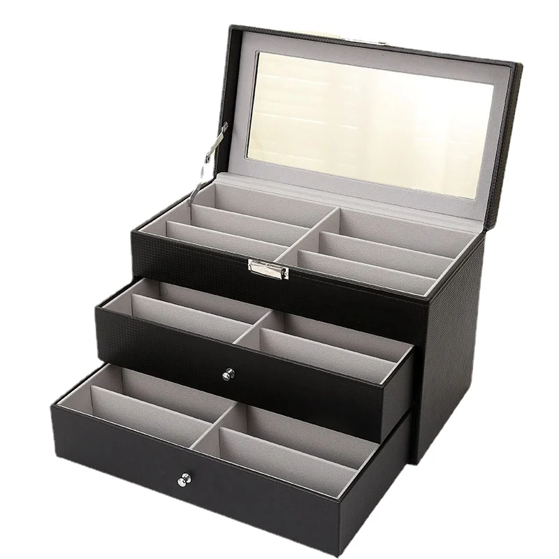 

Черный 3-слойный ящик для хранения очков, кожаный пылезащитный органайзер для ювелирных изделий, прозрачный органайзер для очков, ящик, коробка для ювелирных изделий