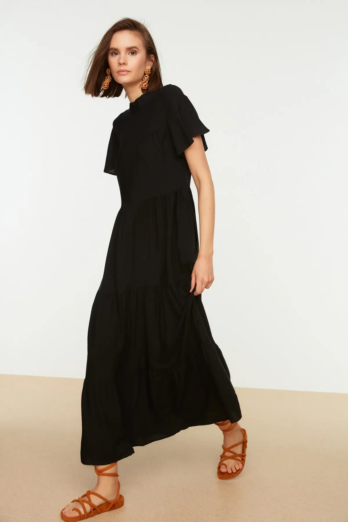 

Black wide cut dress TWOSS21EL0525 months sleeve viscose short Midi flat Regular upright collar woven Casual Casual A-line Casual & Comfort