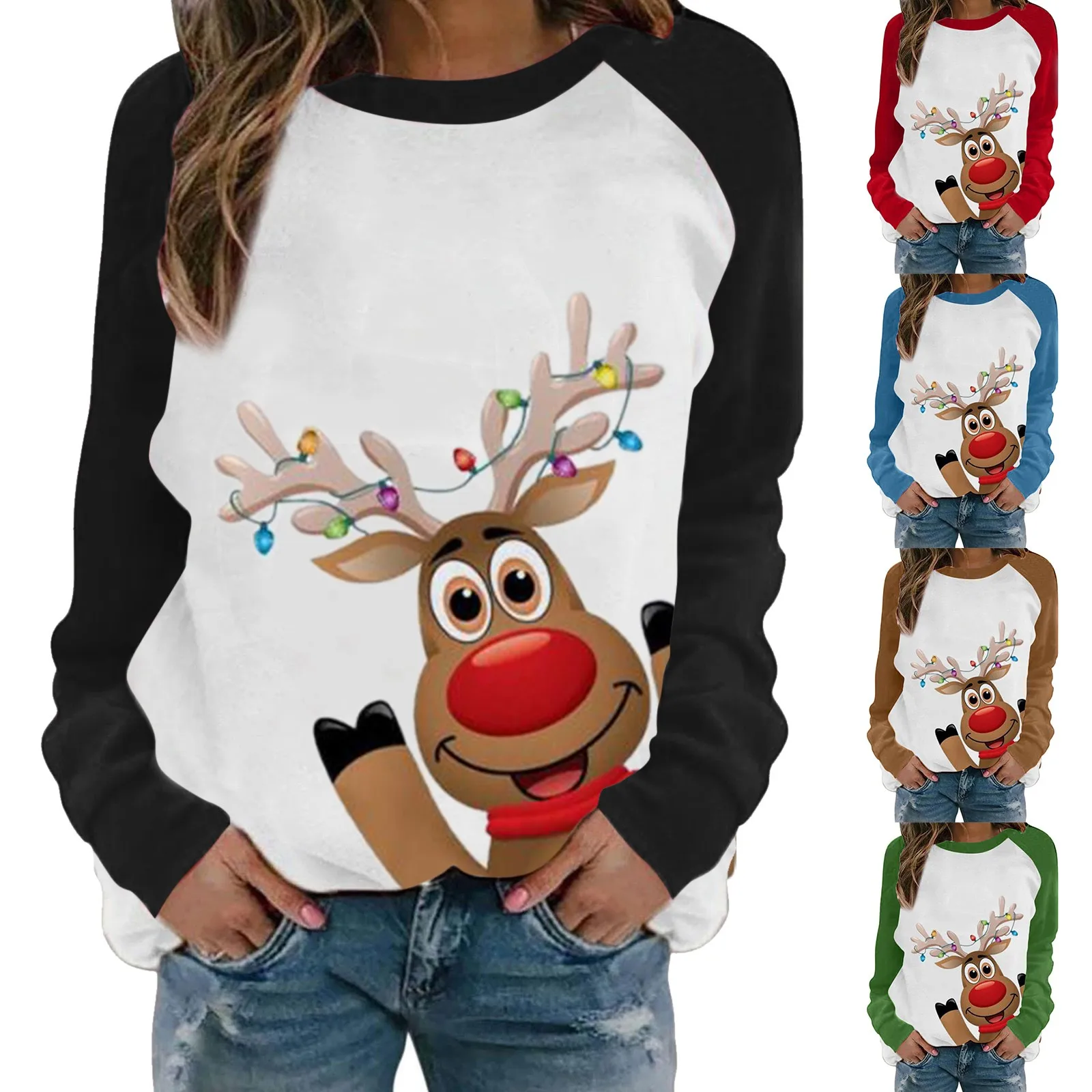 

Women's Raglan Sleeves Hoodless Sweatershirt Round Neck Top Christmas Print Ladies Sweatshirts Tunic Style