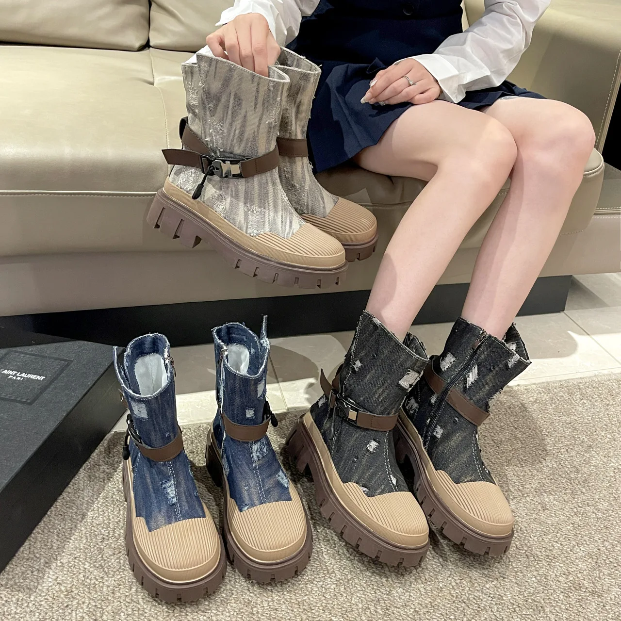 

Brand Women's Shoes Round Toe Cowboy Boots Zipper Boots-Women Fashion Rock Denim Mid Calf Ladies Autumn Med 2023 Rubber Lolita