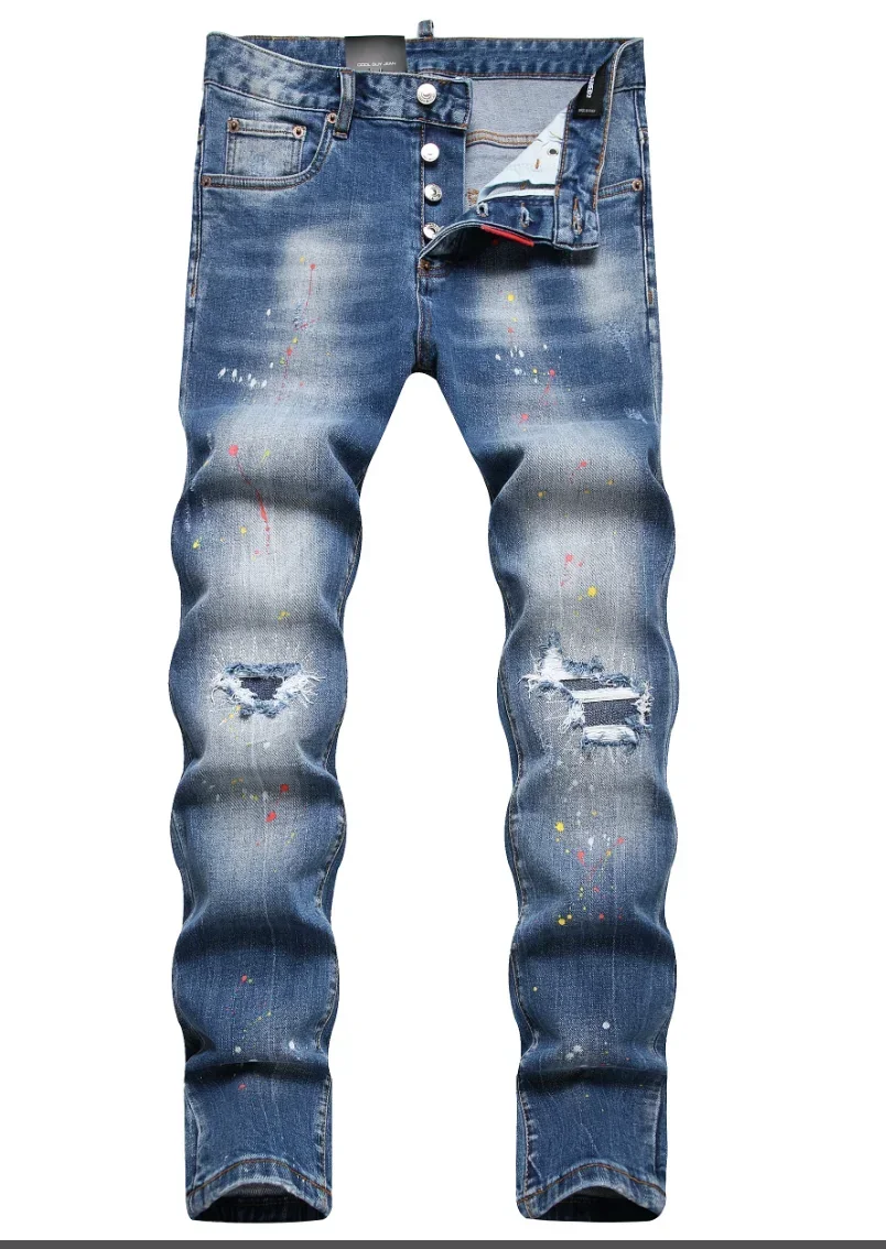Chare◆ 100 мужские эластичные джинсы качественные уличные модные узкие синие рваные