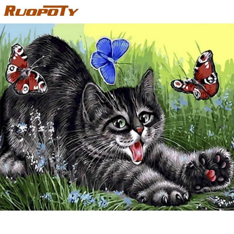 

RUOPOTY Paint By Number Cat and butterfly DIY Pictures By Numbers Kits Drawing On Canvas Hand Painted Painting Art Gift Home Dec