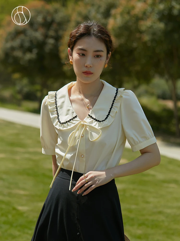 

DUSHU Summer 2022 New French Bow Doll Collar Women Shirts Thin Sweet Casual Ruffled Girly Thin Tops Solid Color Female Blouses