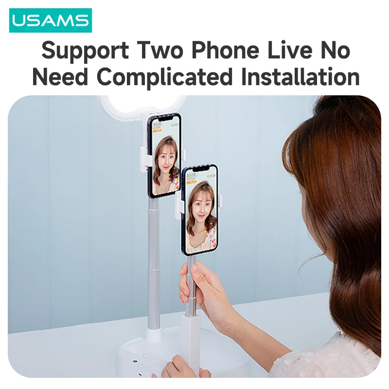 usams led ring fill light dual camara live broadcast phone holders retractable wireless control stand for youtube vlog video free global shipping