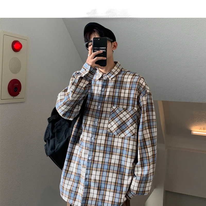 

Long Sleeve Male Casual Button Up Shirt Mens Harajuku Plaid Vintage Shirts 2022 Man Japanese Streetwear Pockets Shirts