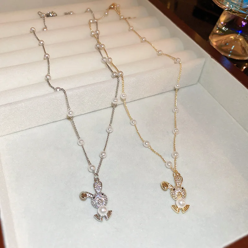 

Minar Cute Gold Silver Zircon Rabbit Pendant Necklace Women Baroque Imitation Pearl Beads Clavicle Chain Charm Choker Necklaces