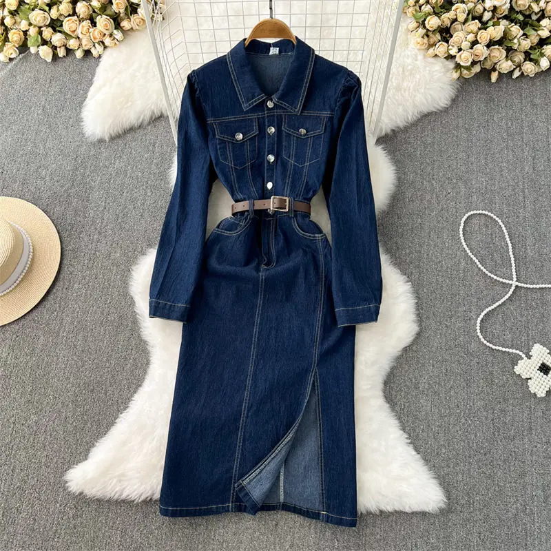 Vintage Lapel Bubble Sleeve Slim A Word Split Denim Dress Women's Hepburn Style Shirt Long Dress Jeans Vestidos Femme Robe T1487