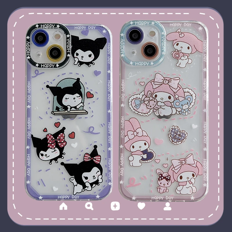 

Bandai Couples Kuromi and Melody Transparent Phone Case for iPhone 13 12 11 Pro Max Xs Xr X XsMax 8 7 Plus High Quality Cover