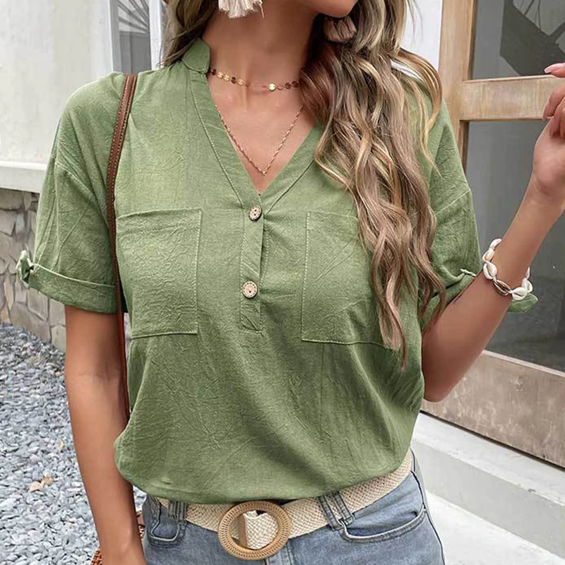 

KOERIM Leisure Green Cotton Linen Women's Shirts Button V-neck Short Sleeve Top With Pockets Lady Loose Casual Blouses