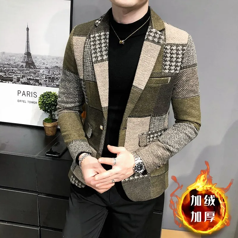 

2021 Men Winter Fleece Suit New High-quality Self-cultivation Warmth Fashion Casual Maj Clothing Plaid Men Coat