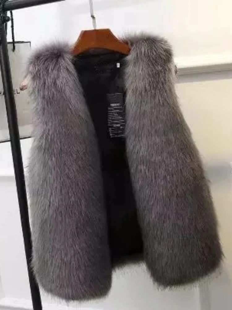 Women Fur Vest  Autumn Winter Imitation Fox Fur Coat Female Street Casual Sleeveless Warm Artificial Fox Fur Jacket Outerwear