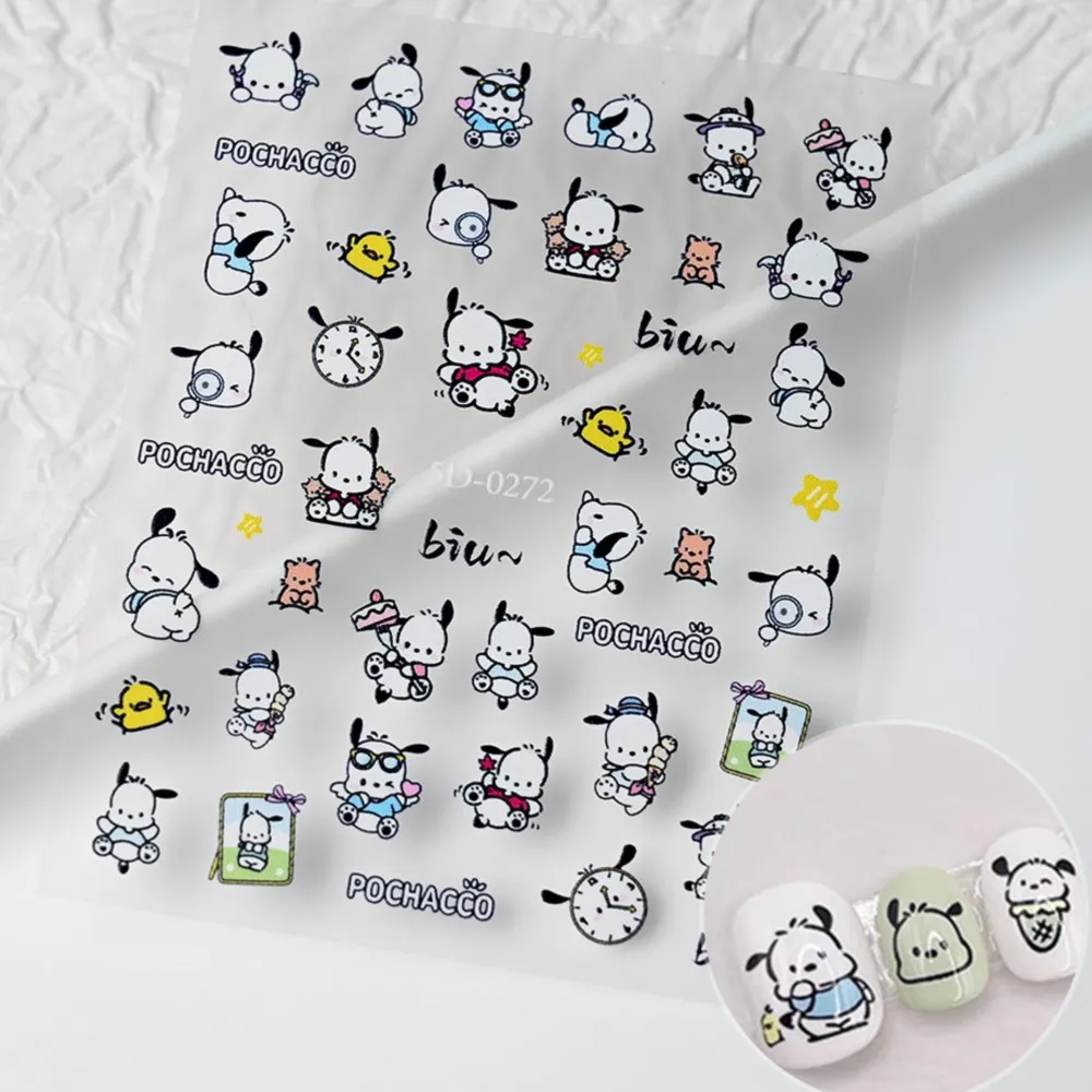 5D Cute Sanrio Pochacco Nail Stickers Embossed Relief Kuromi Kitty Cat Decals Kawaii Cartoon Dog Manicure Sliders