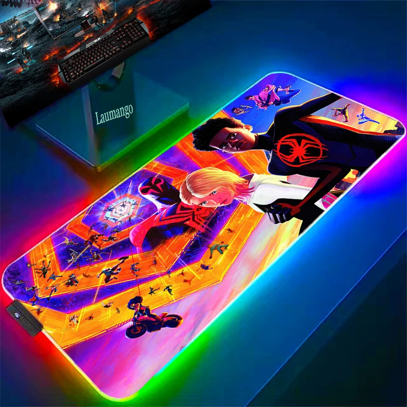 

RGB Mouse Pad Gamer Cabinet Spider-Mans: Across the Spider-Verse Mousepad Gaming Accessories Luminous Keyboard Deskmat With Wire